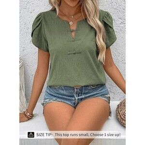 Women's Summer Tops Petal Short Sleeve V Neck Blouses Dressy Casual, Size Large